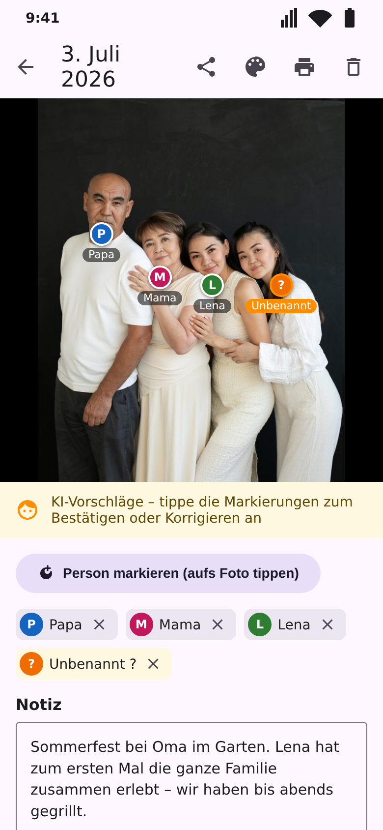 Familienfoto mit Namensmarkierungen auf den Gesichtern und einer Notiz darunter