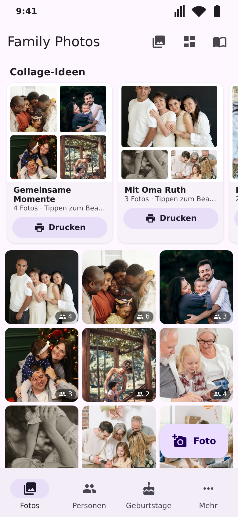 Startbildschirm mit Collage-Ideen und einem Raster aus Familienfotos
