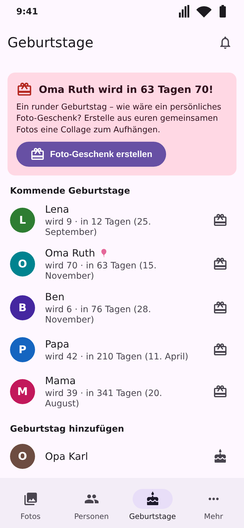 Geburtstagsliste mit Hinweis auf einen runden Geburtstag und der Idee für ein Foto-Geschenk